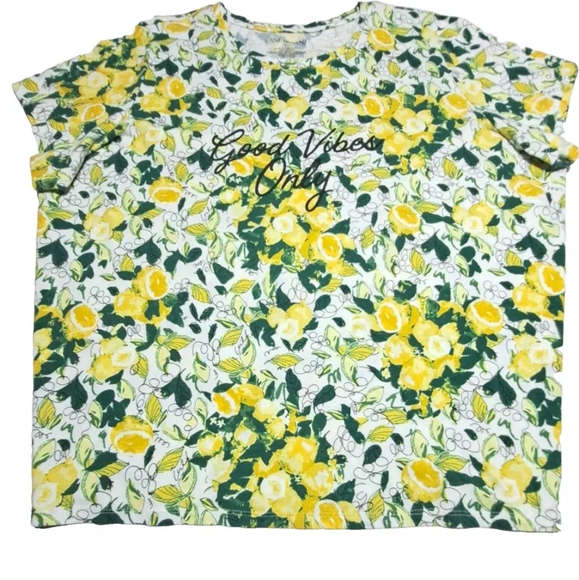 Lane Bryant 26/28 yellow floral color top short sleeve round neck "Good Vibes" - Picture 5 of 11